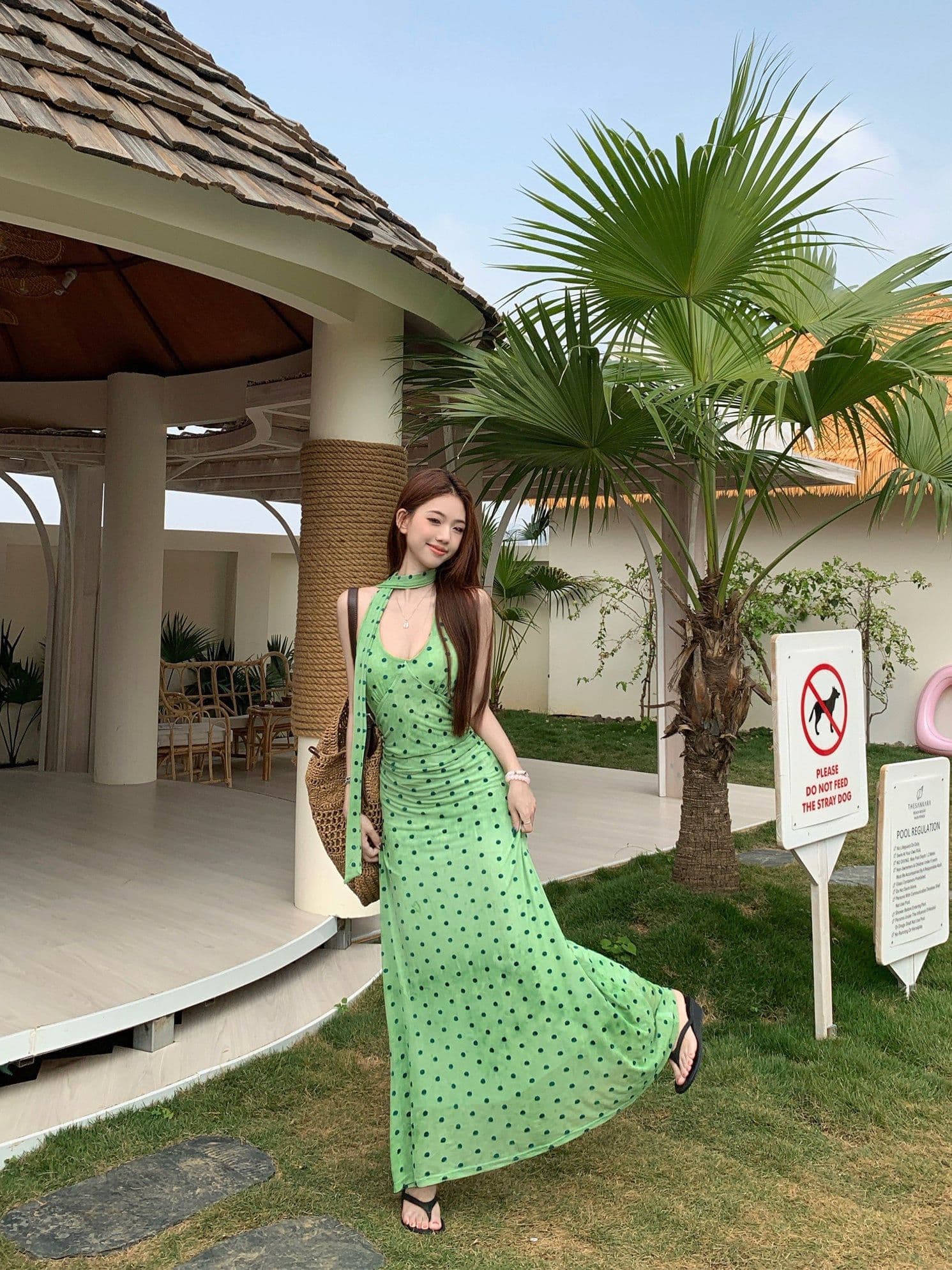 프랑스식 도트 무늬 리본 행침 목 드레스 여성 의류 여름 품격 녹색 치마 허리 수축 타이트 스커트 휴가 롱 스커트 상세 이미지 16