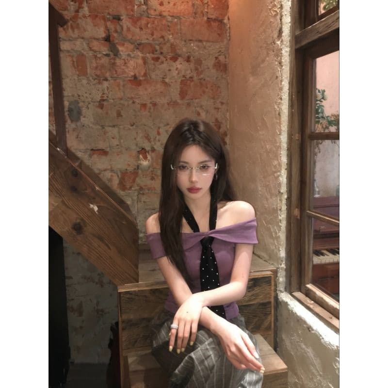 2026 보라색 조정 웨이브 라임 도트 무늬 오프숄더 반팔 티셔츠 여름 몸매 가꾸기 행침 목 스트랩 맨위 이미지 3