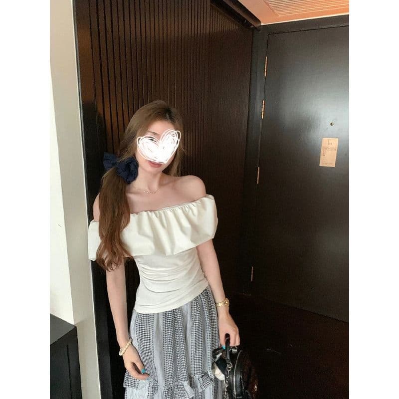 2026 핑크색 오프숄더 반팔 티셔츠 디자인 센스 프랑스식 프릴 오프숄더 맨위 이미지 2