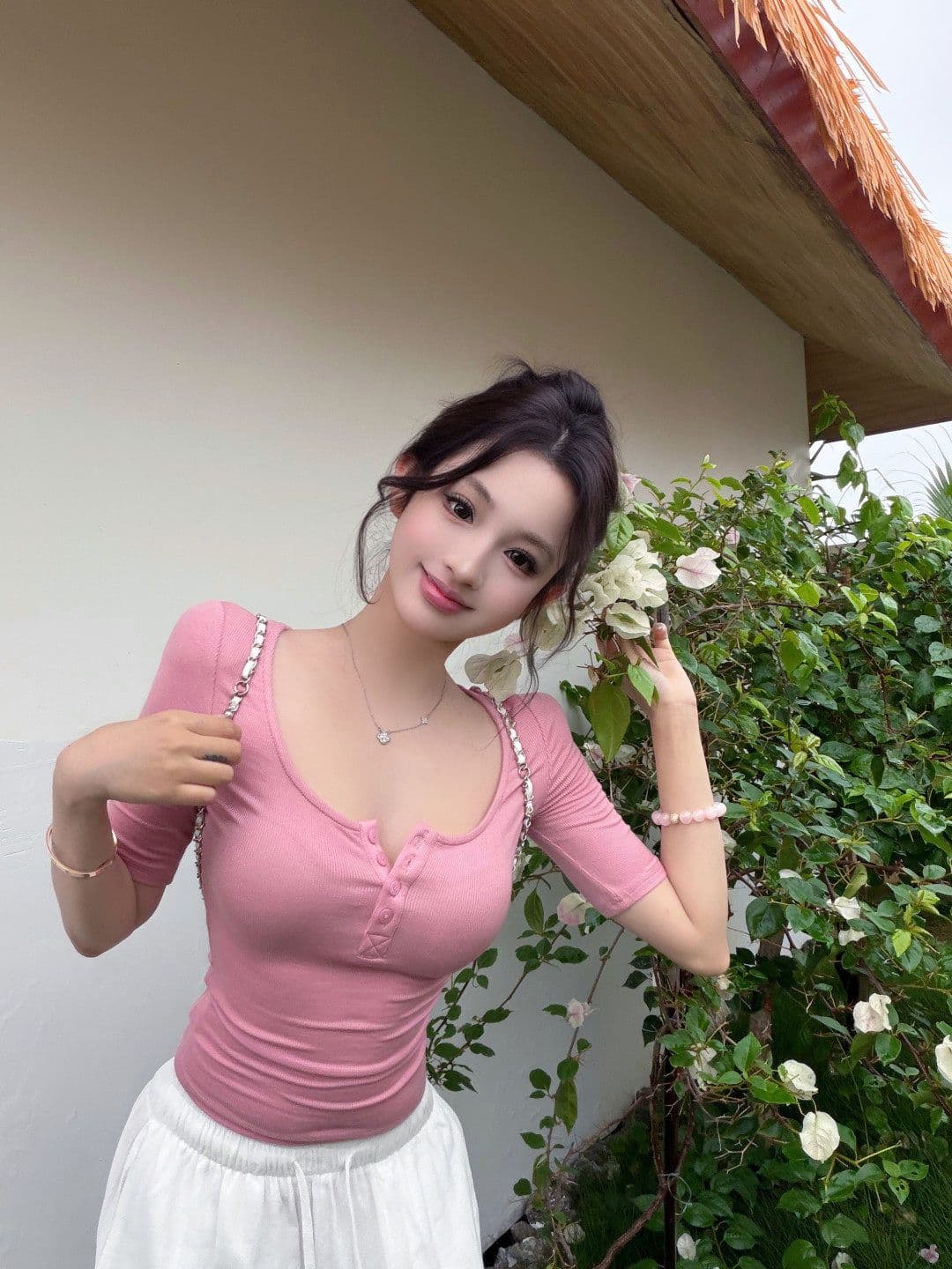 2026 핑크색 u 칼라 헨리 버클 티셔츠 여성 여름 신축성 몸매 가꾸기 섹시함 쇼트 스타일 맨위 상세 이미지 9