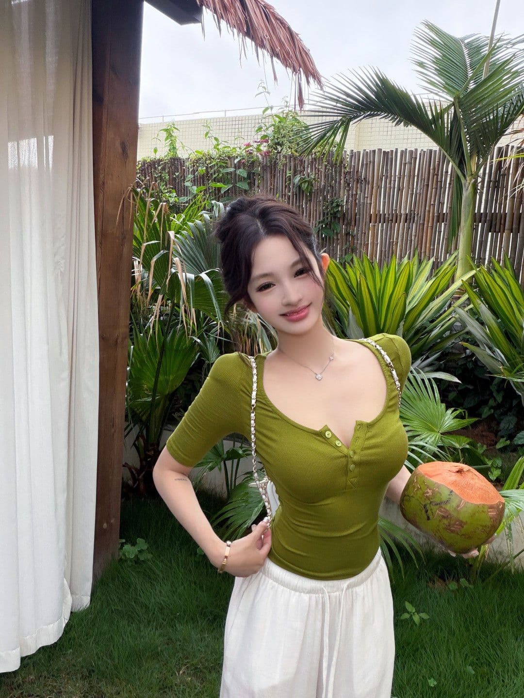 2026 핑크색 u 칼라 헨리 버클 티셔츠 여성 여름 신축성 몸매 가꾸기 섹시함 쇼트 스타일 맨위 상세 이미지 16