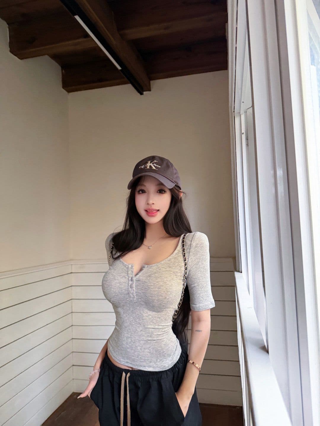 2026 핑크색 u 칼라 헨리 버클 티셔츠 여성 여름 신축성 몸매 가꾸기 섹시함 쇼트 스타일 맨위 상세 이미지 27