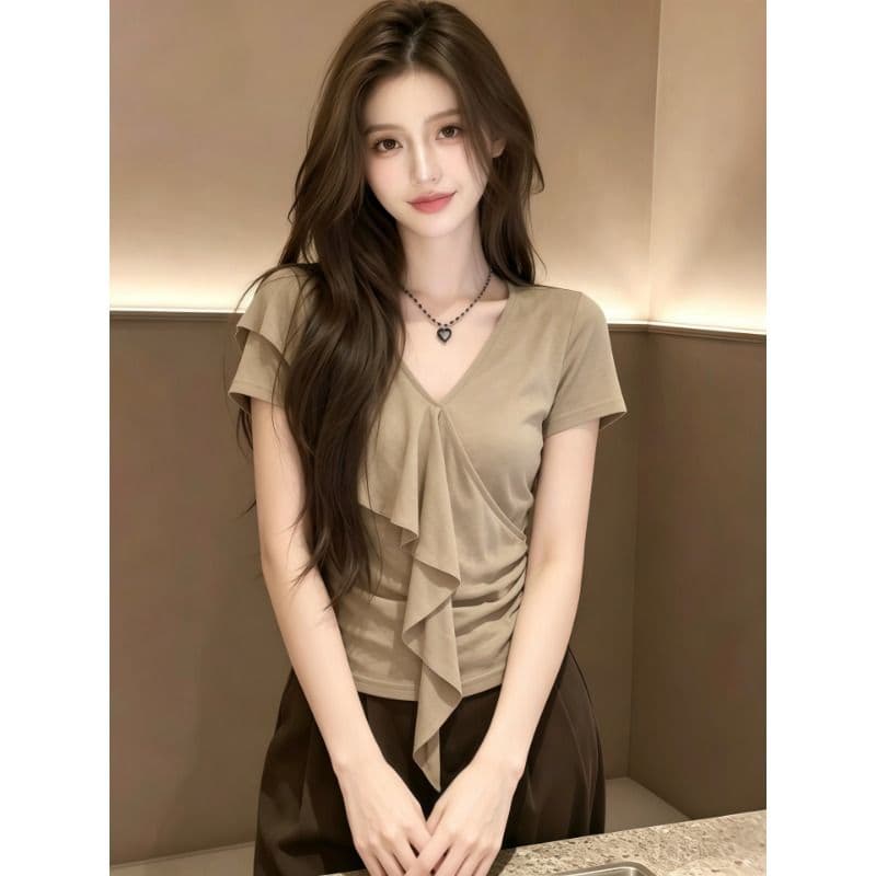 2026 한 부서 V넥 반팔 티셔츠 여성 폭발 여름 디자인 센스 고유 한 아름다운 불규칙 맨위 서비스 이미지 5
