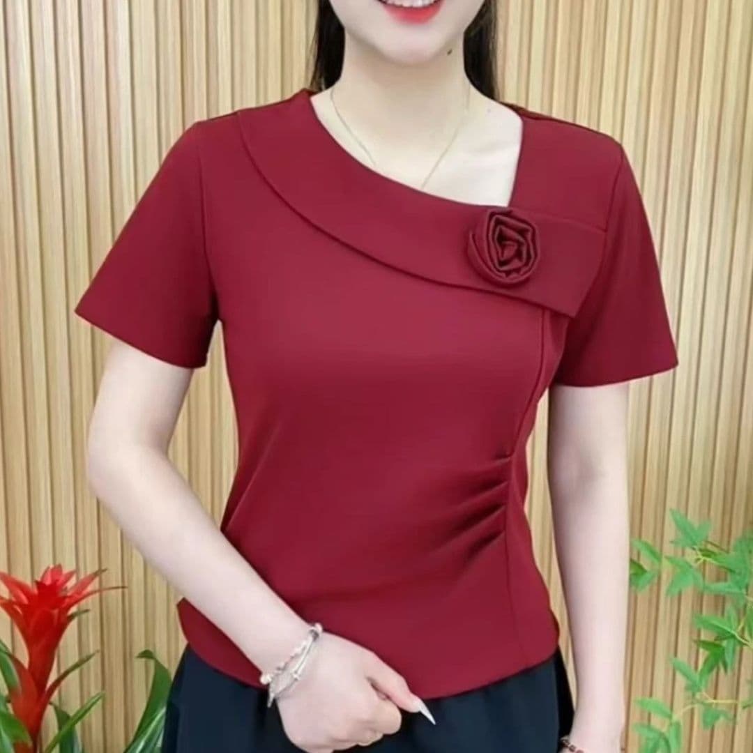 2026 여름 새로운 비스듬한 칼라 디자인 센스 패션 허리 수축 반소매 슬림해 보이는 반팔 티셔츠 맨위 여성 상세 이미지 15
