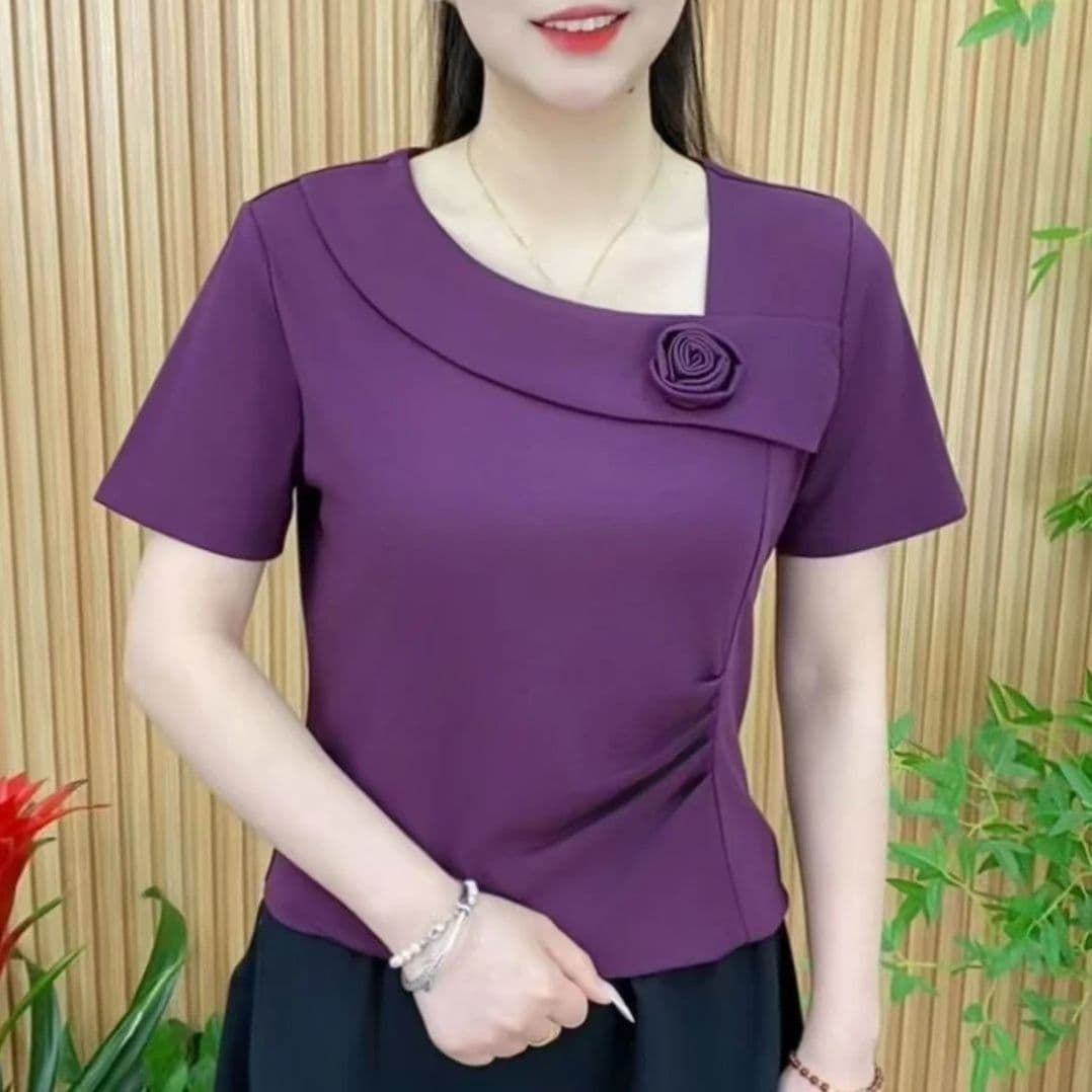 2026 여름 새로운 비스듬한 칼라 디자인 센스 패션 허리 수축 반소매 슬림해 보이는 반팔 티셔츠 맨위 여성 상세 이미지 21