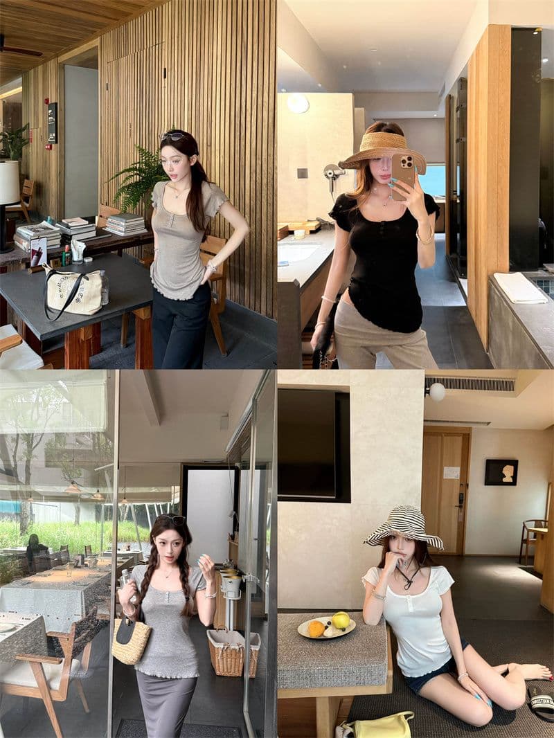 2026 작은 대중 프릴 몸매 가꾸기 대 u 칼라 반팔 티셔츠 여름 꼬집기 허리 디스플레이 얇고 작은 날다 소매 맨위 상세 이미지 4