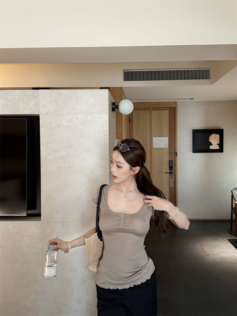 2026 작은 대중 프릴 몸매 가꾸기 대 u 칼라 반팔 티셔츠 여름 꼬집기 허리 디스플레이 얇고 작은 날다 소매 맨위 상세 이미지 8