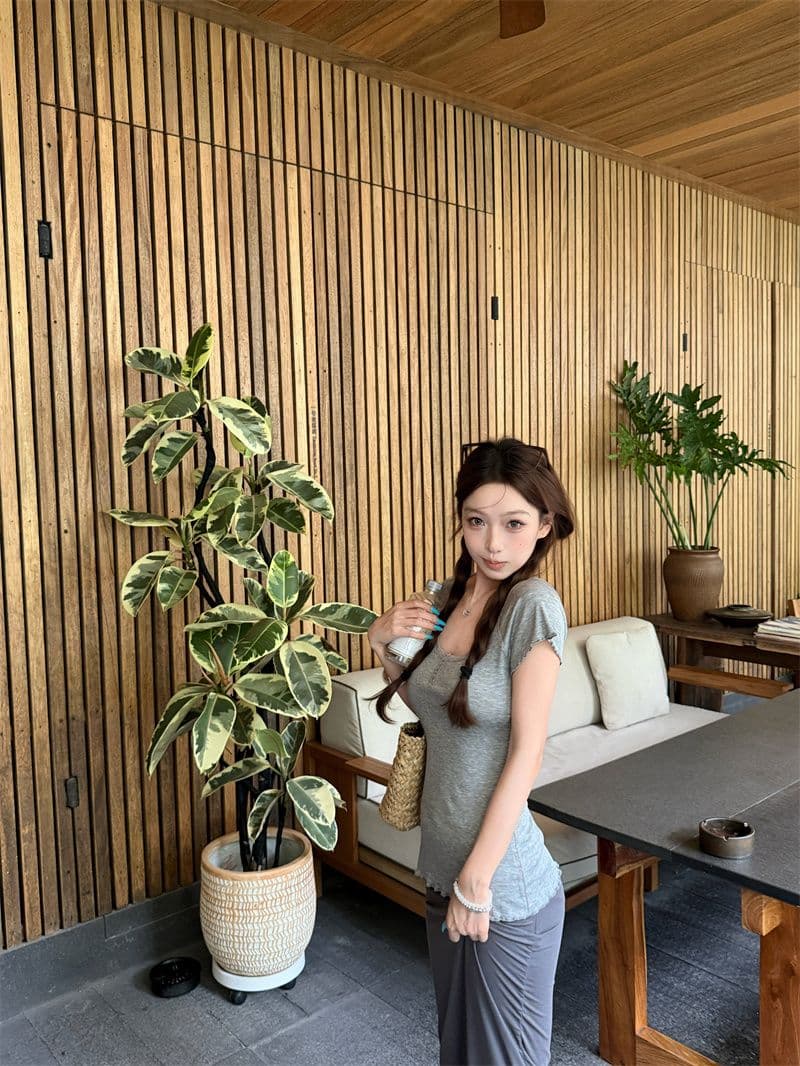 2026 작은 대중 프릴 몸매 가꾸기 대 u 칼라 반팔 티셔츠 여름 꼬집기 허리 디스플레이 얇고 작은 날다 소매 맨위 상세 이미지 24