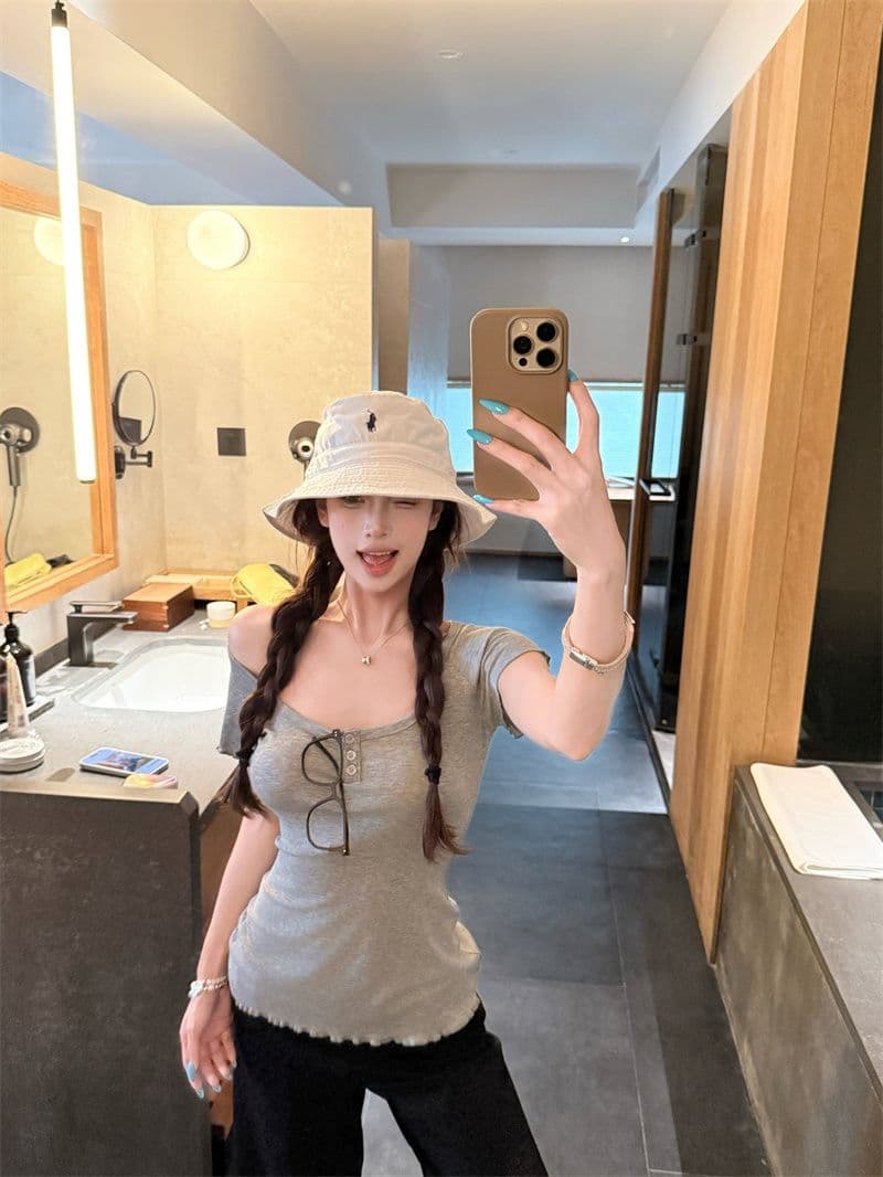 2026 작은 대중 프릴 몸매 가꾸기 대 u 칼라 반팔 티셔츠 여름 꼬집기 허리 디스플레이 얇고 작은 날다 소매 맨위 상세 이미지 27