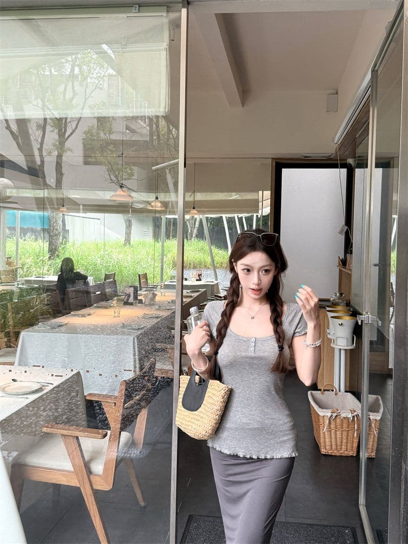 2026 작은 대중 프릴 몸매 가꾸기 대 u 칼라 반팔 티셔츠 여름 꼬집기 허리 디스플레이 얇고 작은 날다 소매 맨위 상세 이미지 31
