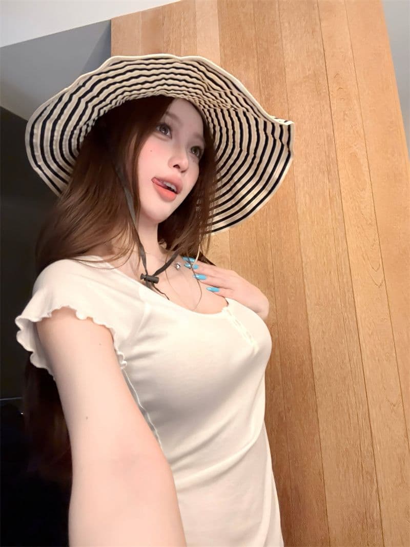 2026 작은 대중 프릴 몸매 가꾸기 대 u 칼라 반팔 티셔츠 여름 꼬집기 허리 디스플레이 얇고 작은 날다 소매 맨위 상세 이미지 33