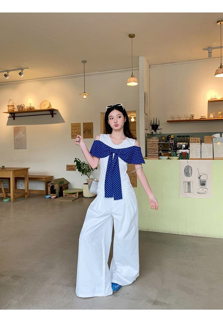 2026 화이트 오프숄더 반팔 티셔츠 여성 여름 도트 무늬 나비 매듭 그레이트 봐. 의류 상세 이미지 11