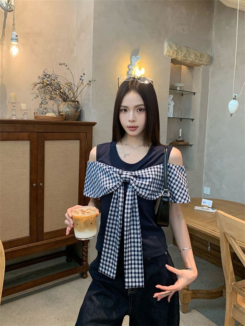 2026 화이트 오프숄더 반팔 티셔츠 여성 여름 도트 무늬 나비 매듭 그레이트 봐. 의류 상세 이미지 33