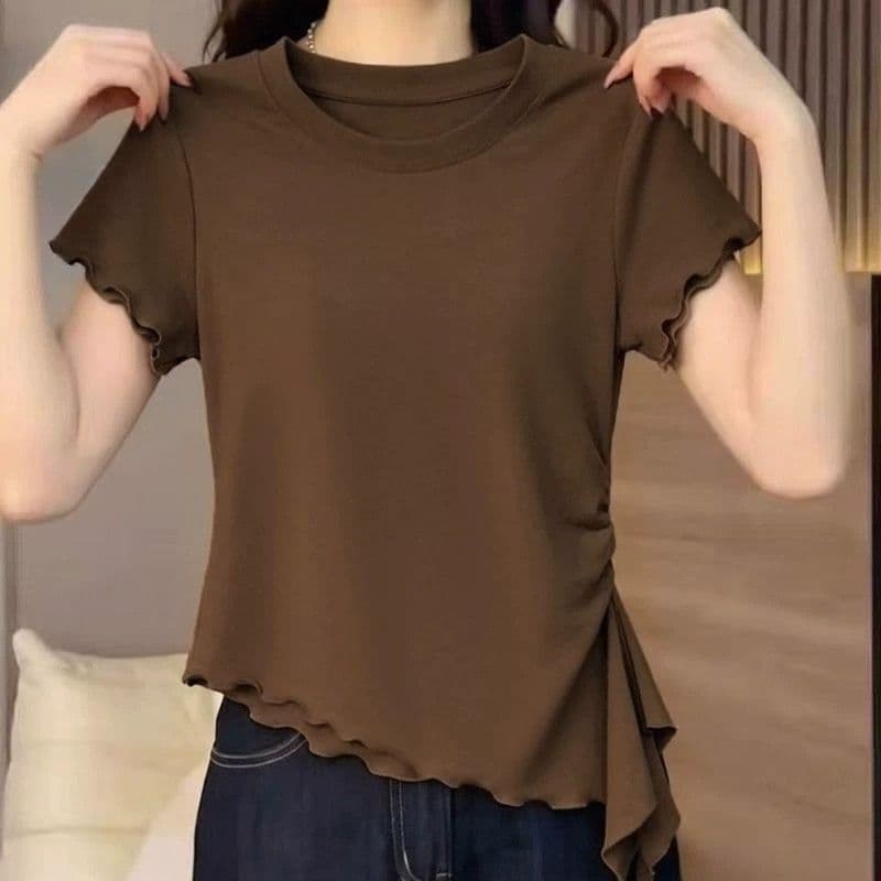 2026 한 부서 디자인 센스 불규칙 프릴 리본 반팔 티셔츠 여성 여름 이미지 5