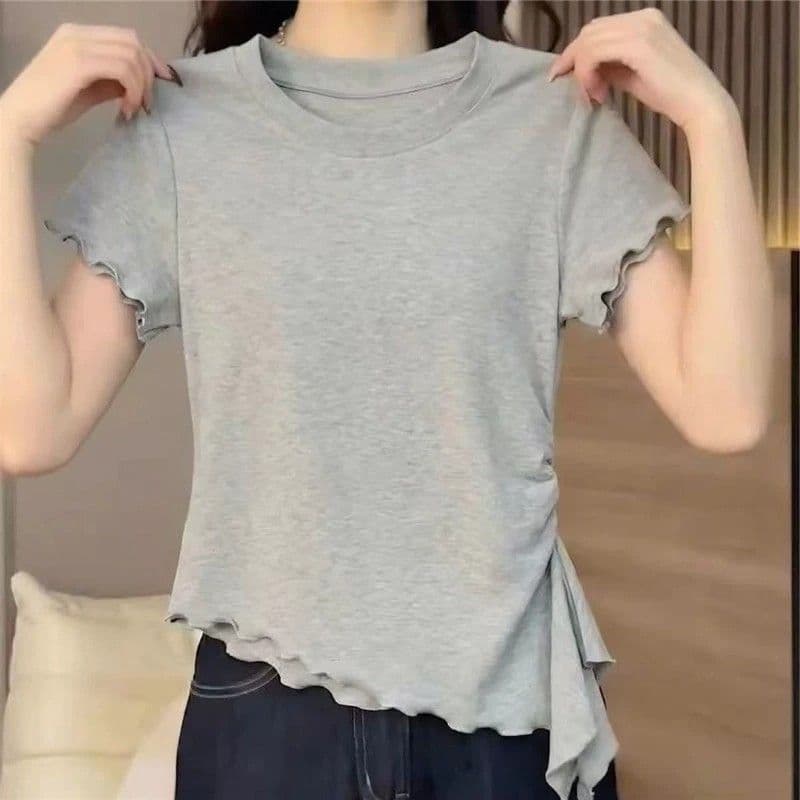 2026 한 부서 디자인 센스 불규칙 프릴 리본 반팔 티셔츠 여성 여름 이미지 4