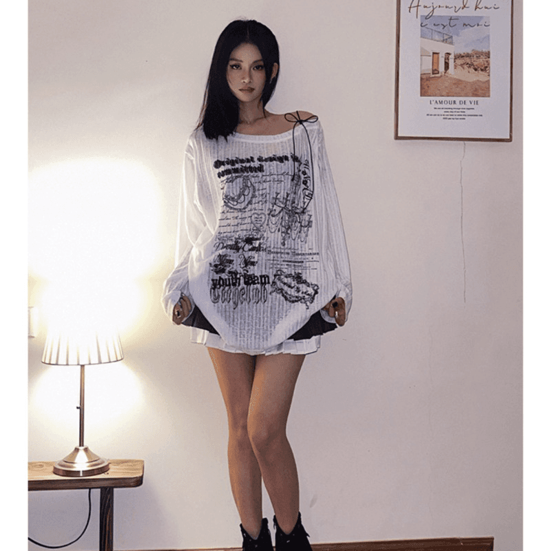 2026 달콤한 차가운 바람 블라우스 긴팔 티셔츠 여성 봄 새로운 루즈핏 자외선 차단 오프숄더 맨위 이미지 3