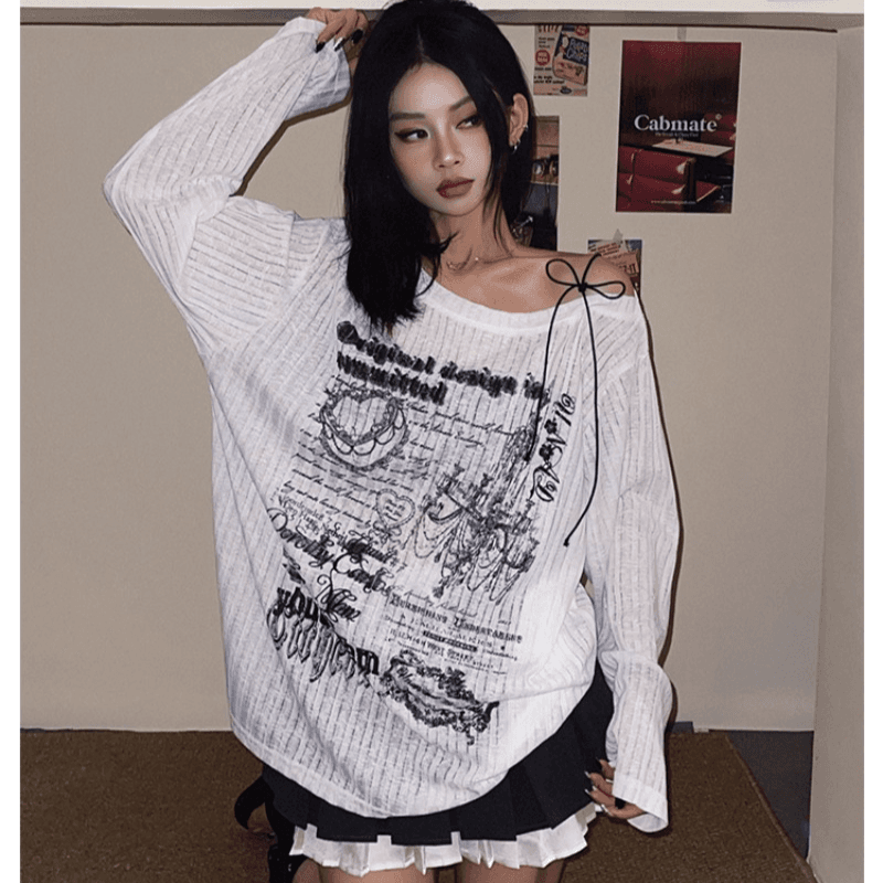 2026 달콤한 차가운 바람 블라우스 긴팔 티셔츠 여성 봄 새로운 루즈핏 자외선 차단 오프숄더 맨위