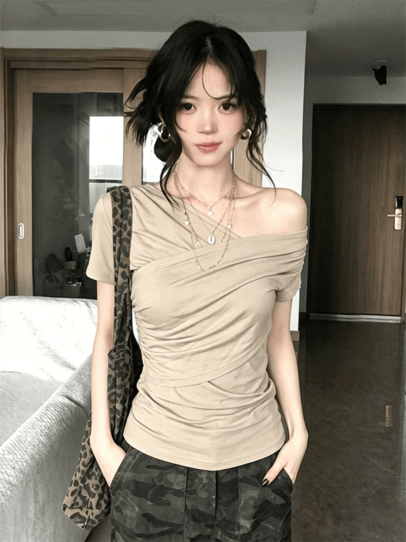 2026 핫걸 바람 비스듬한 어깨 반팔 티셔츠 여성 여름 디자인 센스 주름 슬림해 보이는 오프숄더 맨위 상세 이미지 6
