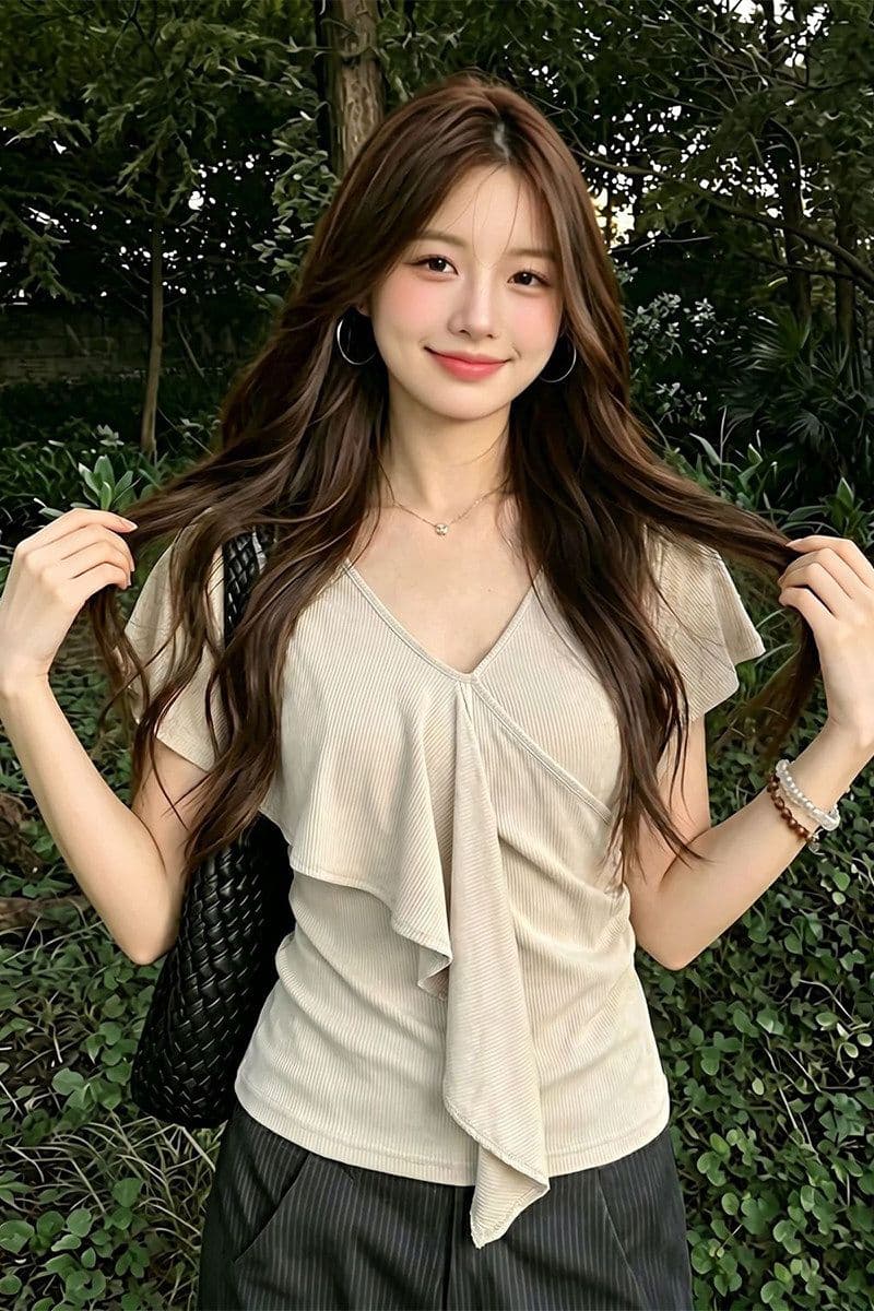 2026 아메리칸 V넥 프릴 반팔 티셔츠 여성 여름 디자인 불규칙 리본 핫걸 작은 셔츠 상세 이미지 5