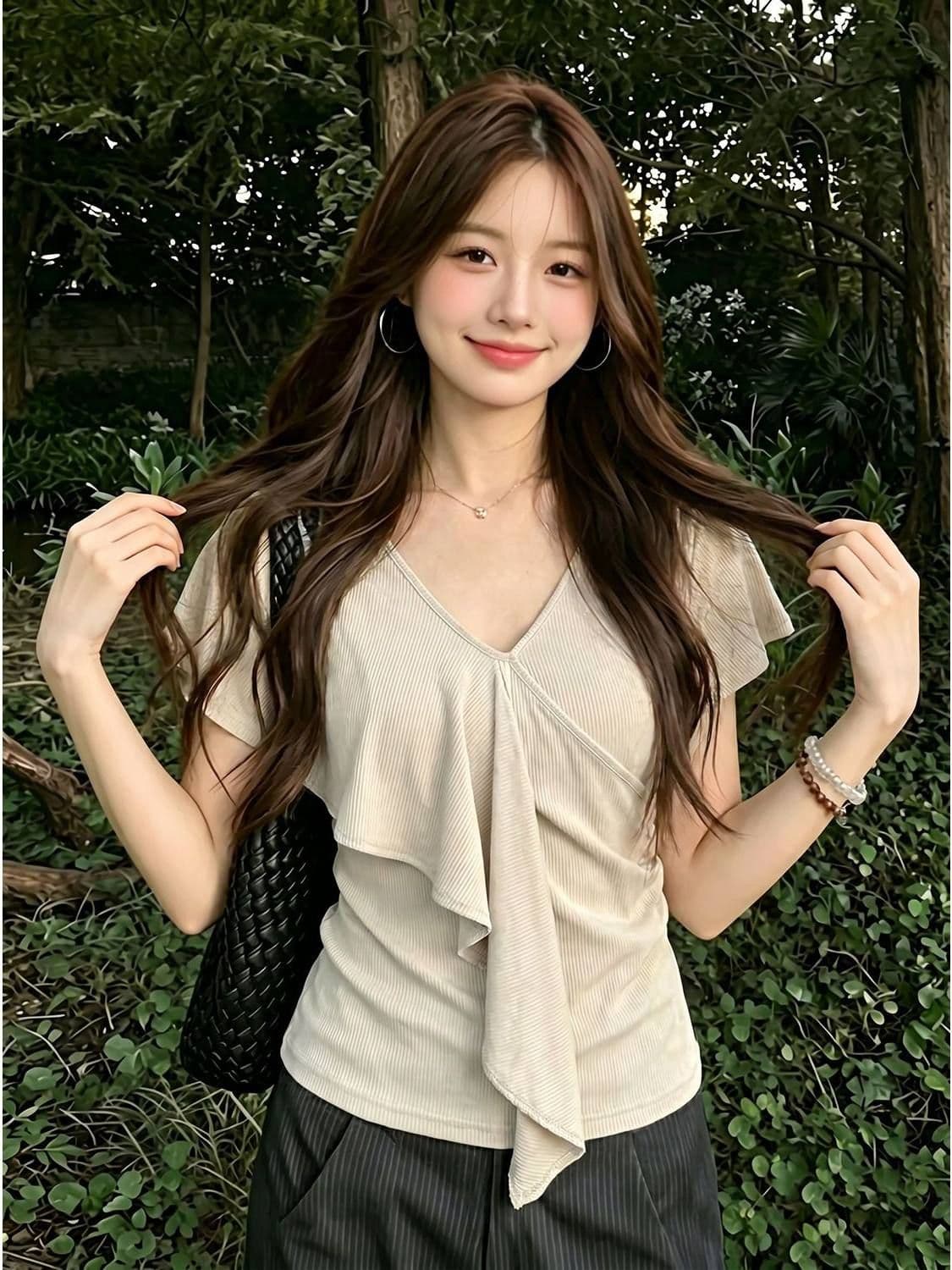 2026 아메리칸 V넥 프릴 반팔 티셔츠 여성 여름 디자인 불규칙 리본 핫걸 작은 셔츠 상세 이미지 6