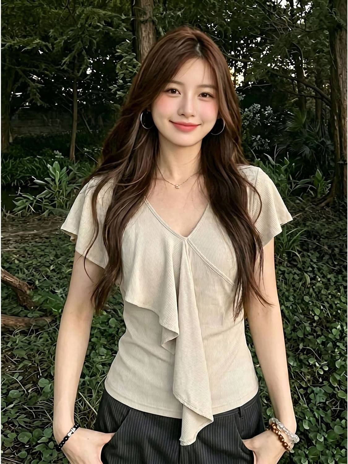 2026 아메리칸 V넥 프릴 반팔 티셔츠 여성 여름 디자인 불규칙 리본 핫걸 작은 셔츠 상세 이미지 7