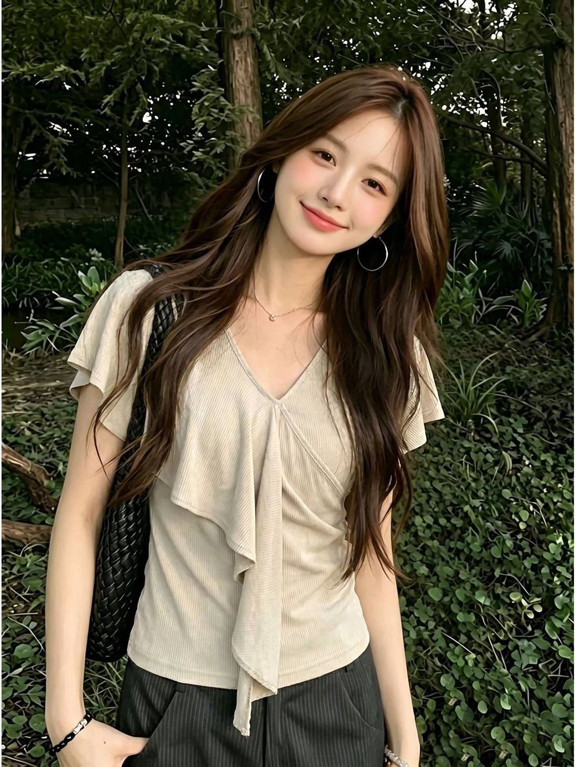 2026 아메리칸 V넥 프릴 반팔 티셔츠 여성 여름 디자인 불규칙 리본 핫걸 작은 셔츠 상세 이미지 8