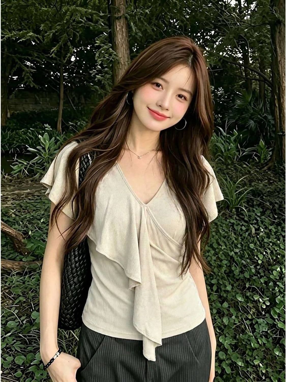 2026 아메리칸 V넥 프릴 반팔 티셔츠 여성 여름 디자인 불규칙 리본 핫걸 작은 셔츠 상세 이미지 9