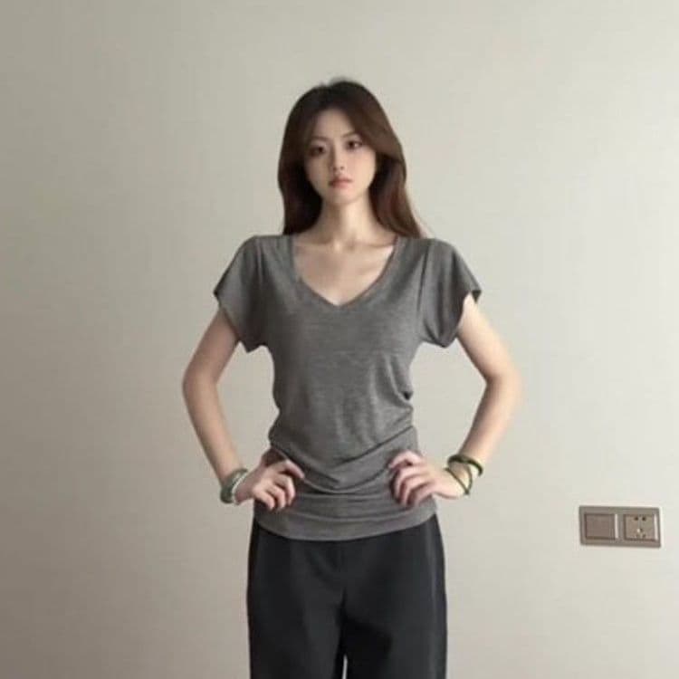 2026 회색 V넥 한 부서 레트로 순수한 욕망 바람 작은 날다 소매 맨위 트렌디
