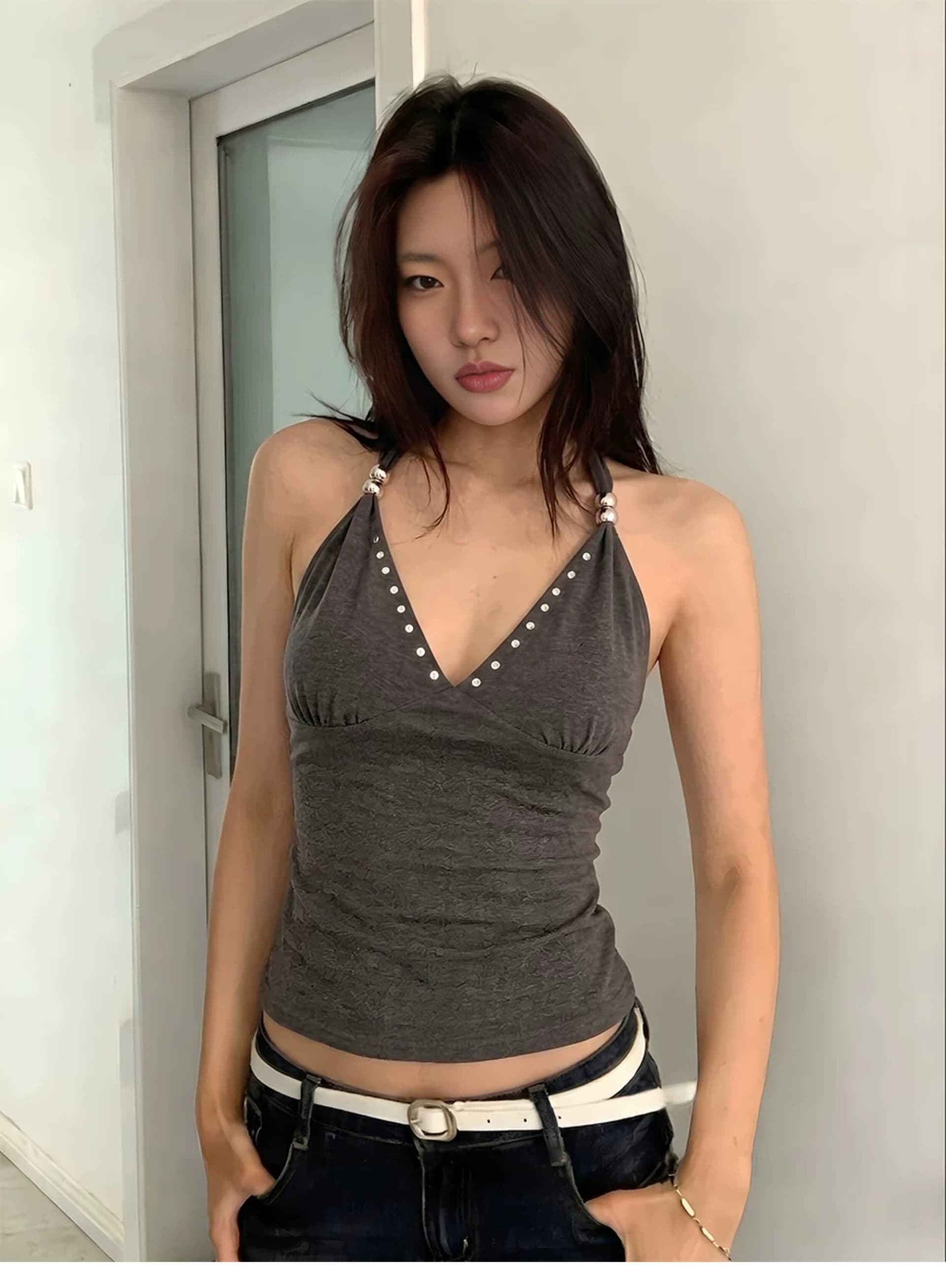 수 있습니다. 조정 V넥 몸매 가꾸기 슬림해 보이는 풀오버 징 캐미솔 여름 아메리칸 핫걸 얇은 스타일 민소매 맨위 상세 이미지 3