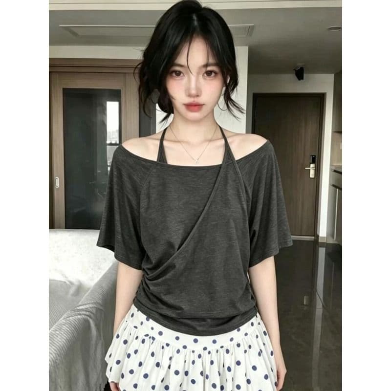 2026 페이크 레이어드 불규칙 십자가 행침 목 슬립 반팔 티셔츠 여성 여름 한 단어 오프숄더 맨위 이미지 5