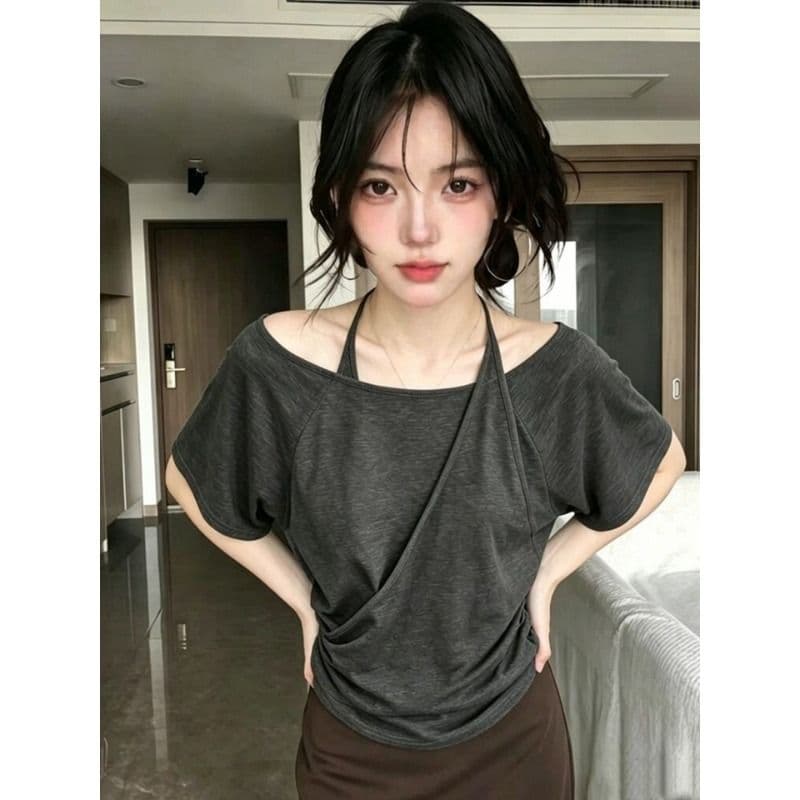 2026 페이크 레이어드 불규칙 십자가 행침 목 슬립 반팔 티셔츠 여성 여름 한 단어 오프숄더 맨위 이미지 2