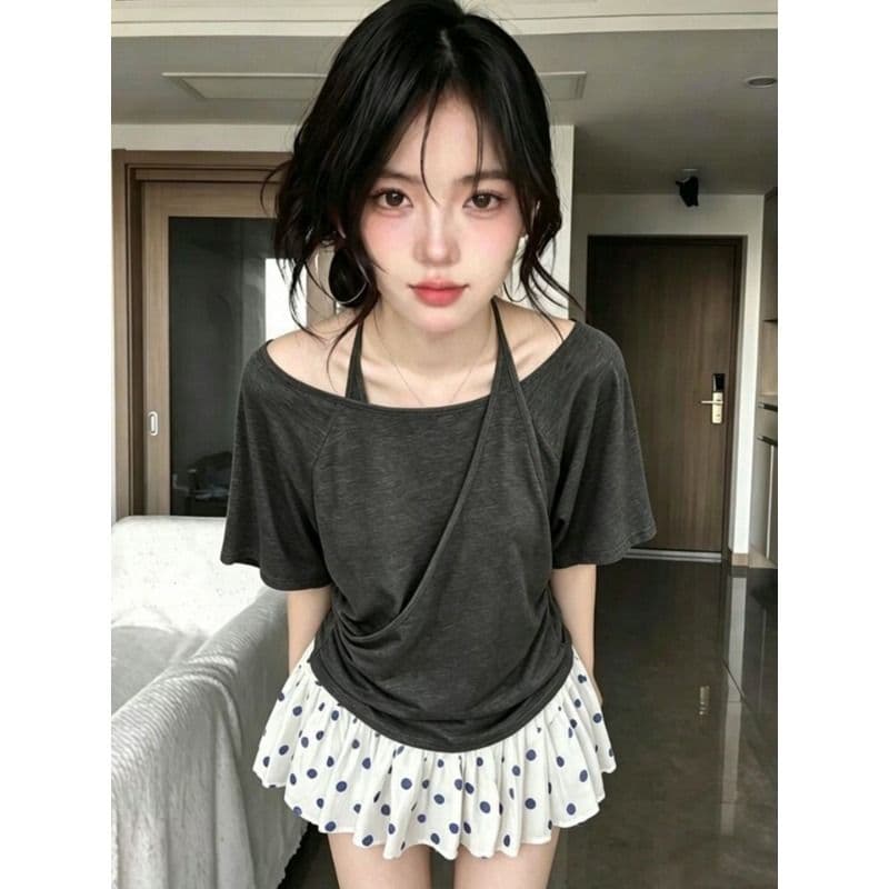 2026 페이크 레이어드 불규칙 십자가 행침 목 슬립 반팔 티셔츠 여성 여름 한 단어 오프숄더 맨위 이미지 4