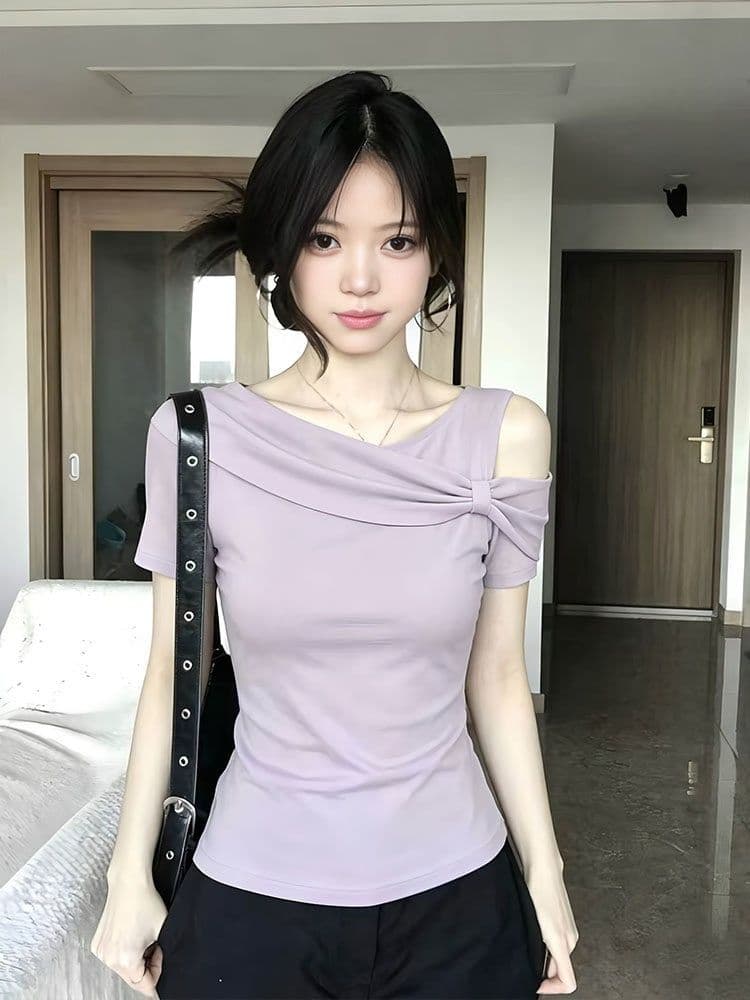 2026 한 부서 보라색 오프숄더 반팔 티셔츠 여성 여름 몸매 가꾸기 맨위 상세 이미지 2