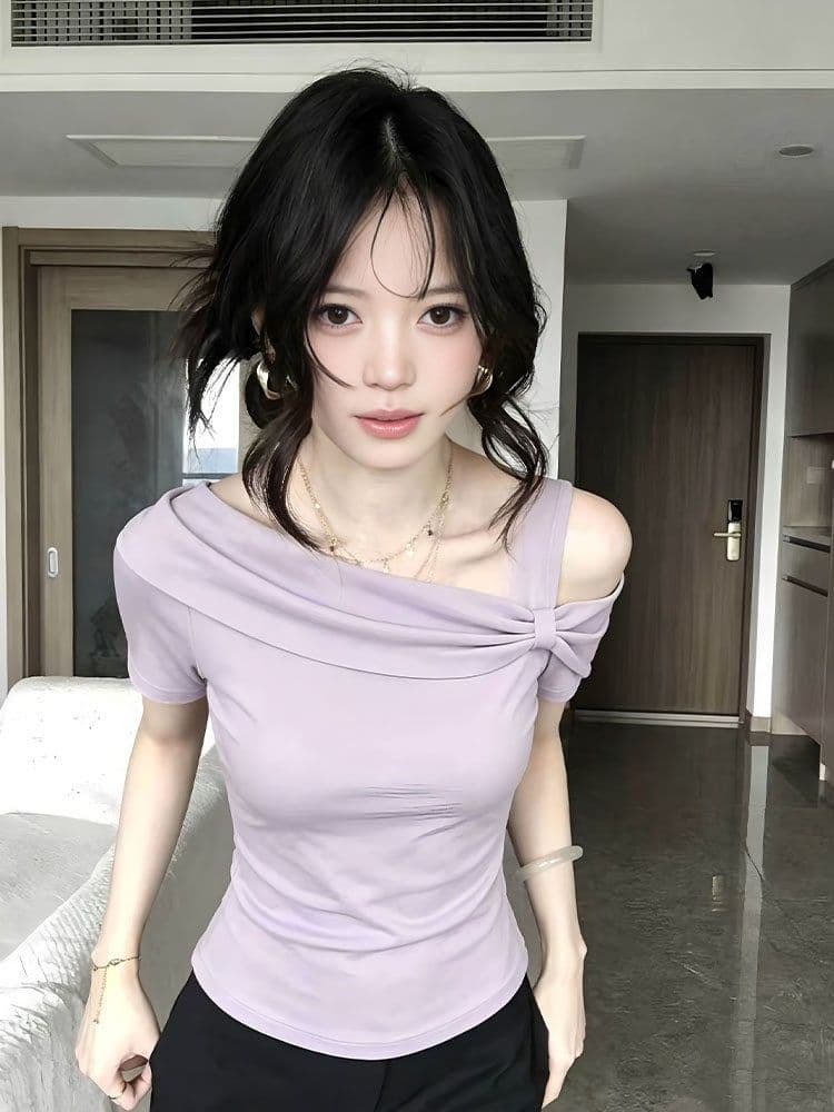 2026 한 부서 보라색 오프숄더 반팔 티셔츠 여성 여름 몸매 가꾸기 맨위 상세 이미지 3