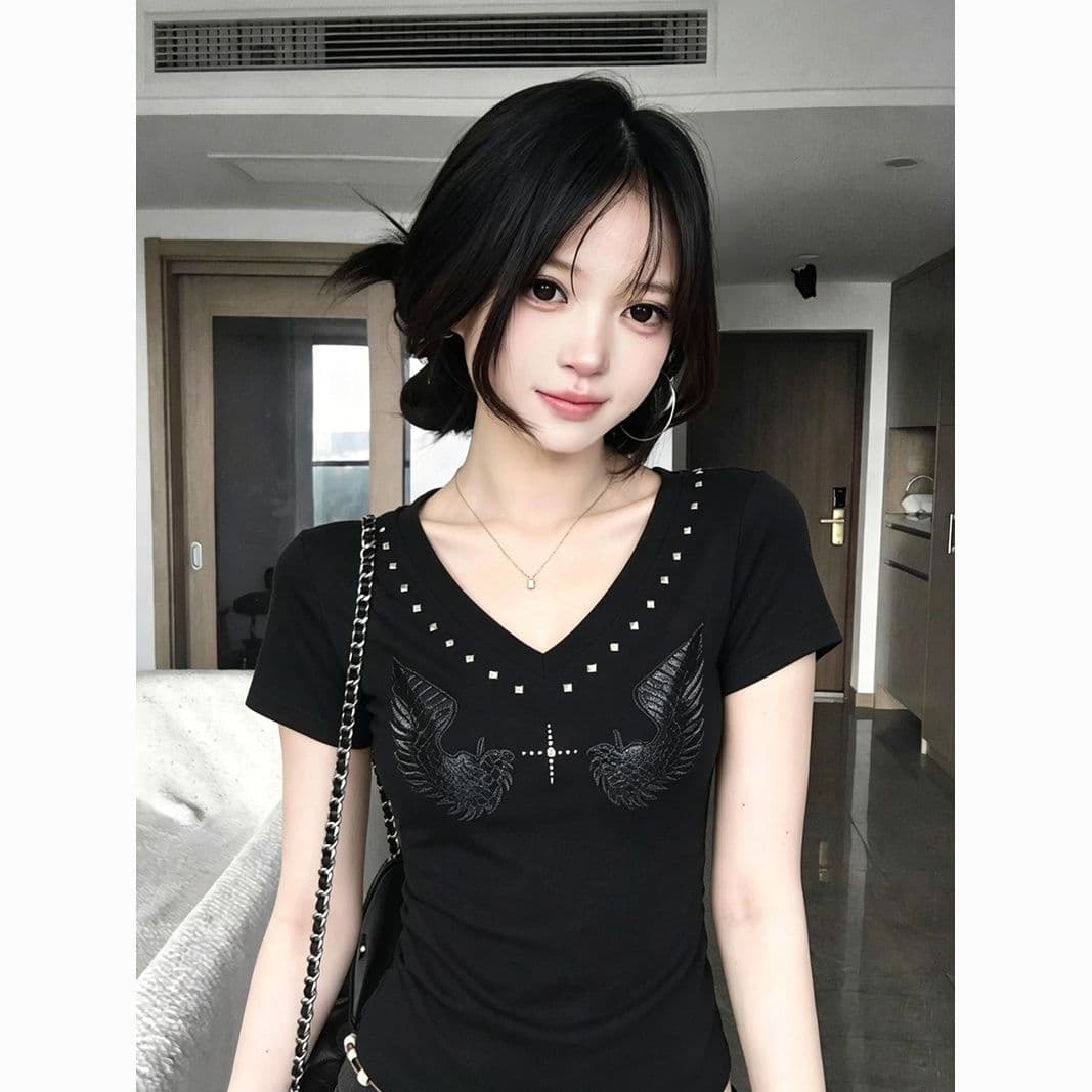 2026 핫걸 바람 프랑스식 레트로 반팔 여름 디자인 센스 날개 고유 한 맨위 상세 이미지 3