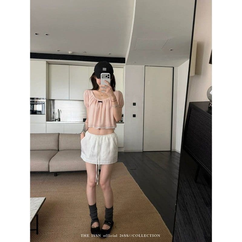 2026u 칼라 거품 소매 쇼트 스타일 티셔츠 여성 여름 한 부서 배색 패치워크 슬림해 보이는 루즈핏 슬림해 보이는 맨위 이미지 2