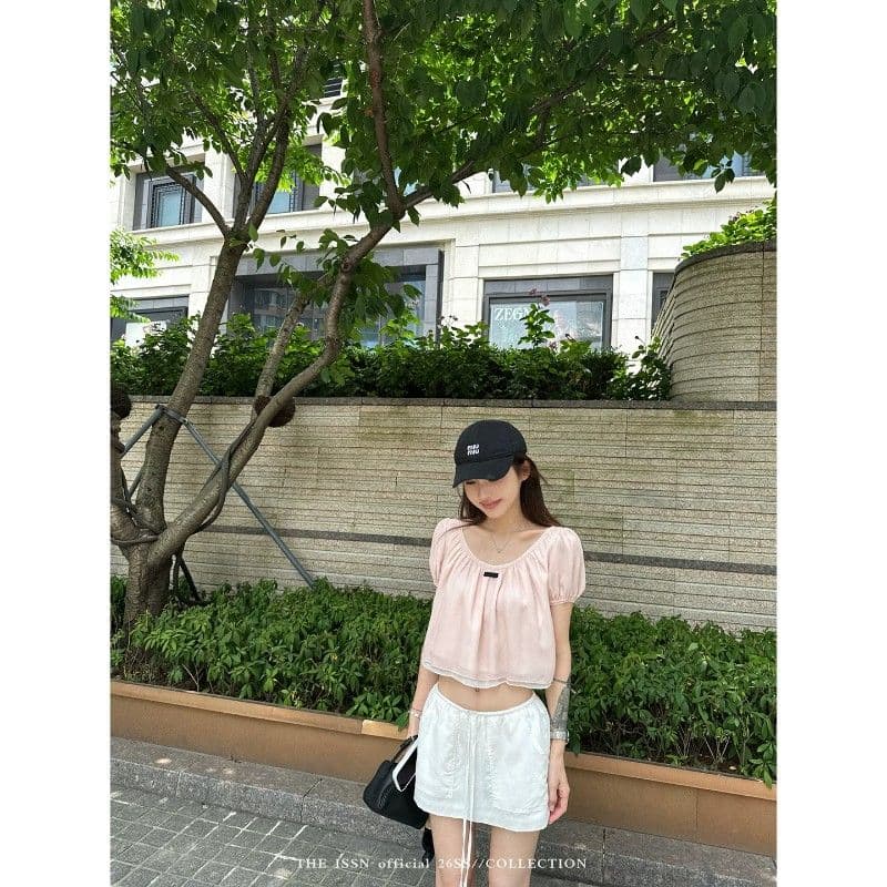 2026u 칼라 거품 소매 쇼트 스타일 티셔츠 여성 여름 한 부서 배색 패치워크 슬림해 보이는 루즈핏 슬림해 보이는 맨위 이미지 3