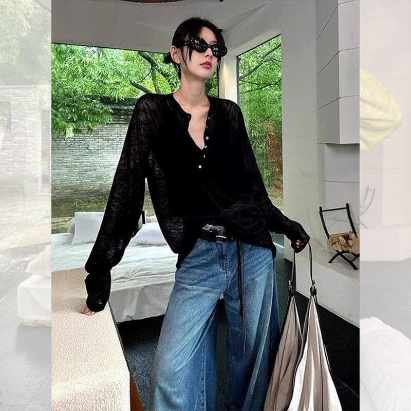 2026 느슨함 고급 센스 반 개방 칼라 자외선 차단 긴팔 티셔츠 여성 여름 외출용 얇은 통기성 블라우스 맨위 이미지 3