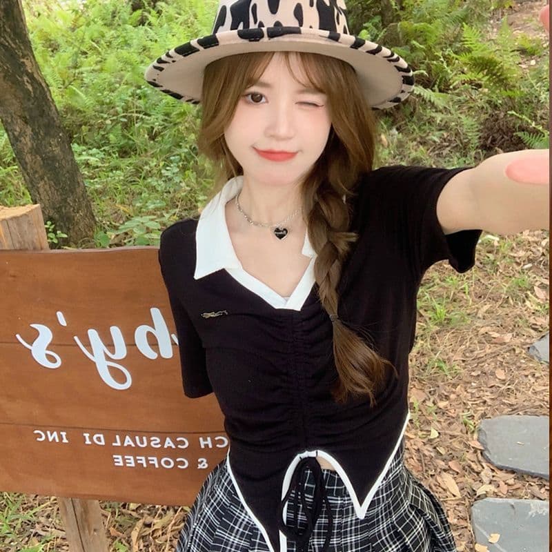 2026 POLO 칼라 반팔 티셔츠 여성 디자인 센스 작은 대중 지방 mm 검정색 슬림해 보이는 불규칙 펌프 로프 맨위 이미지 5