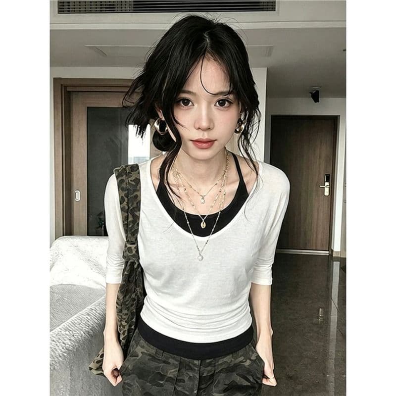 2026 스택 착용 V넥 중간 소매 티셔츠 여성 투피스 세트 여름 핫걸 행침 목 캐미솔 허리 수축 맨위 이미지 5