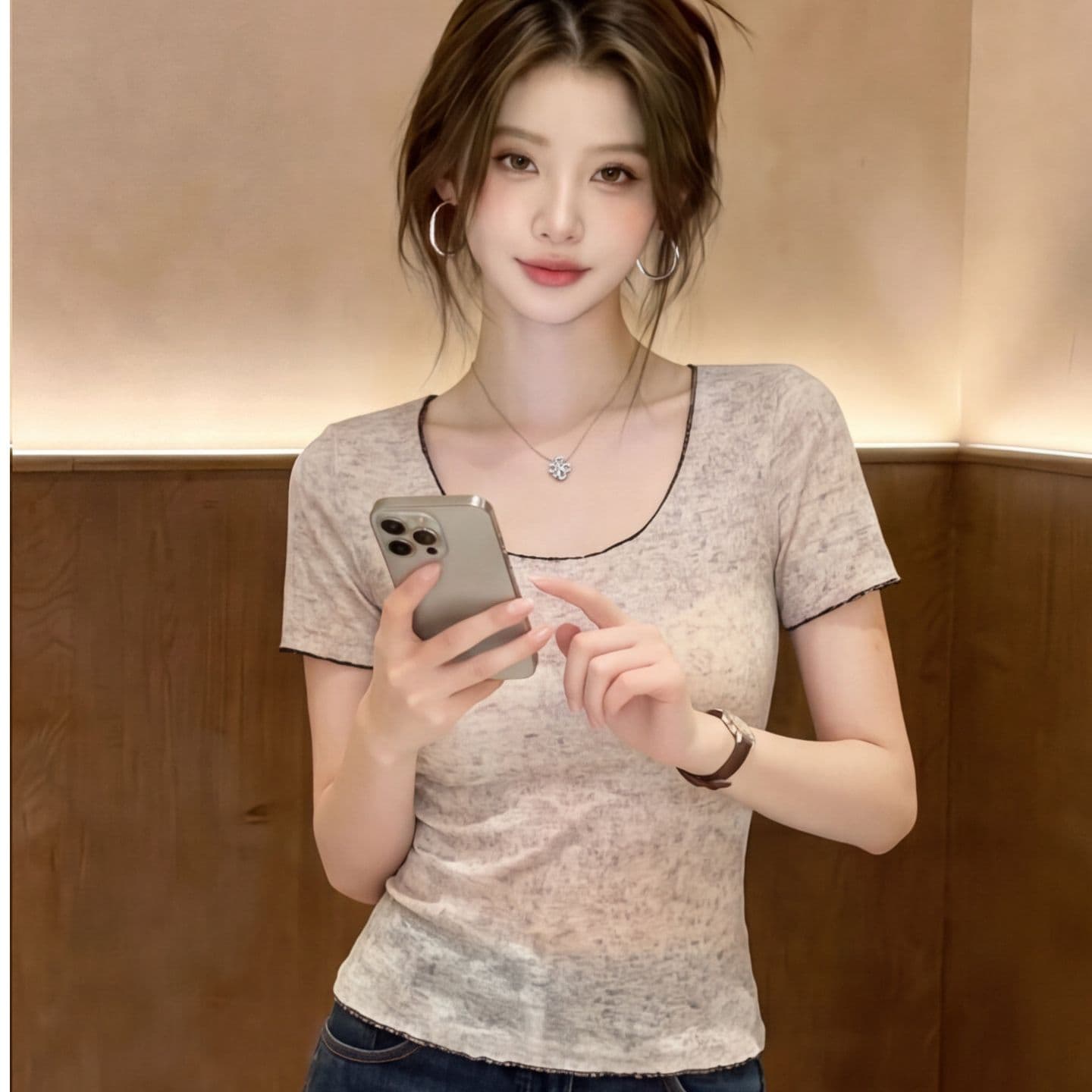 2026 눈꽃 마 배색 얇은 스타일 긍정적 인 어깨 u 칼라 반팔 티셔츠 여름 순수한 욕망 몸매 가꾸기 풀오버 기본 셔츠 맨위 이미지 4