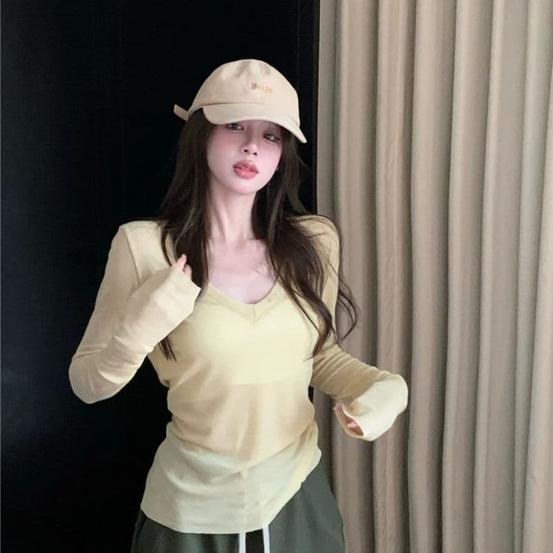 2026 느긋한 바람 얇은 스타일 블라우스 캐주얼 V넥 긴팔 티셔츠 여성 여름 이미지 4