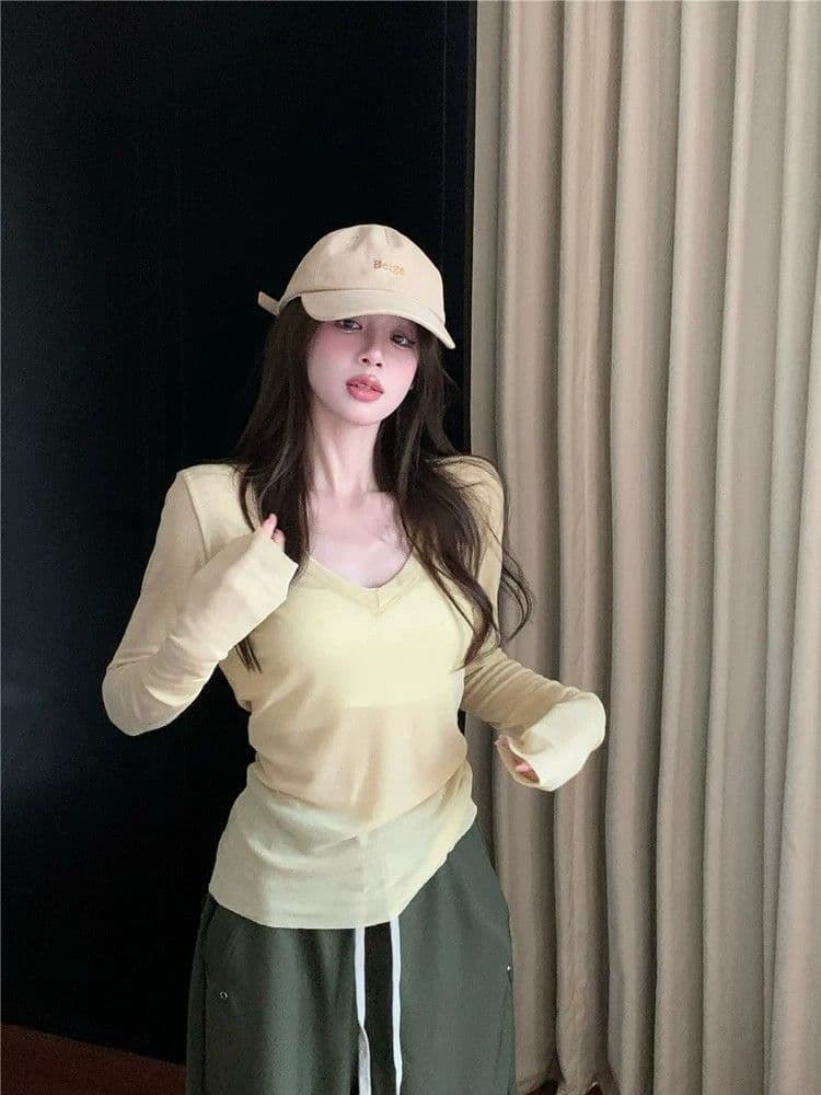 2026 느긋한 바람 얇은 스타일 블라우스 캐주얼 V넥 긴팔 티셔츠 여성 여름 상세 이미지 3