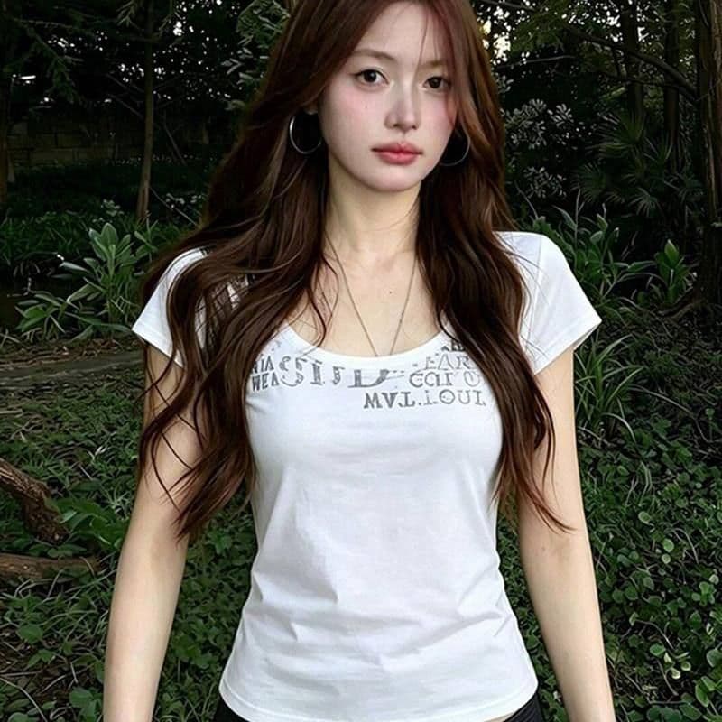 2026 아메리칸 핫걸 알파벳 프린트 u 칼라 반팔 티셔츠 여성 여름 몸매 가꾸기 슬림해 보이는 화이트 맨위 상세 이미지 4
