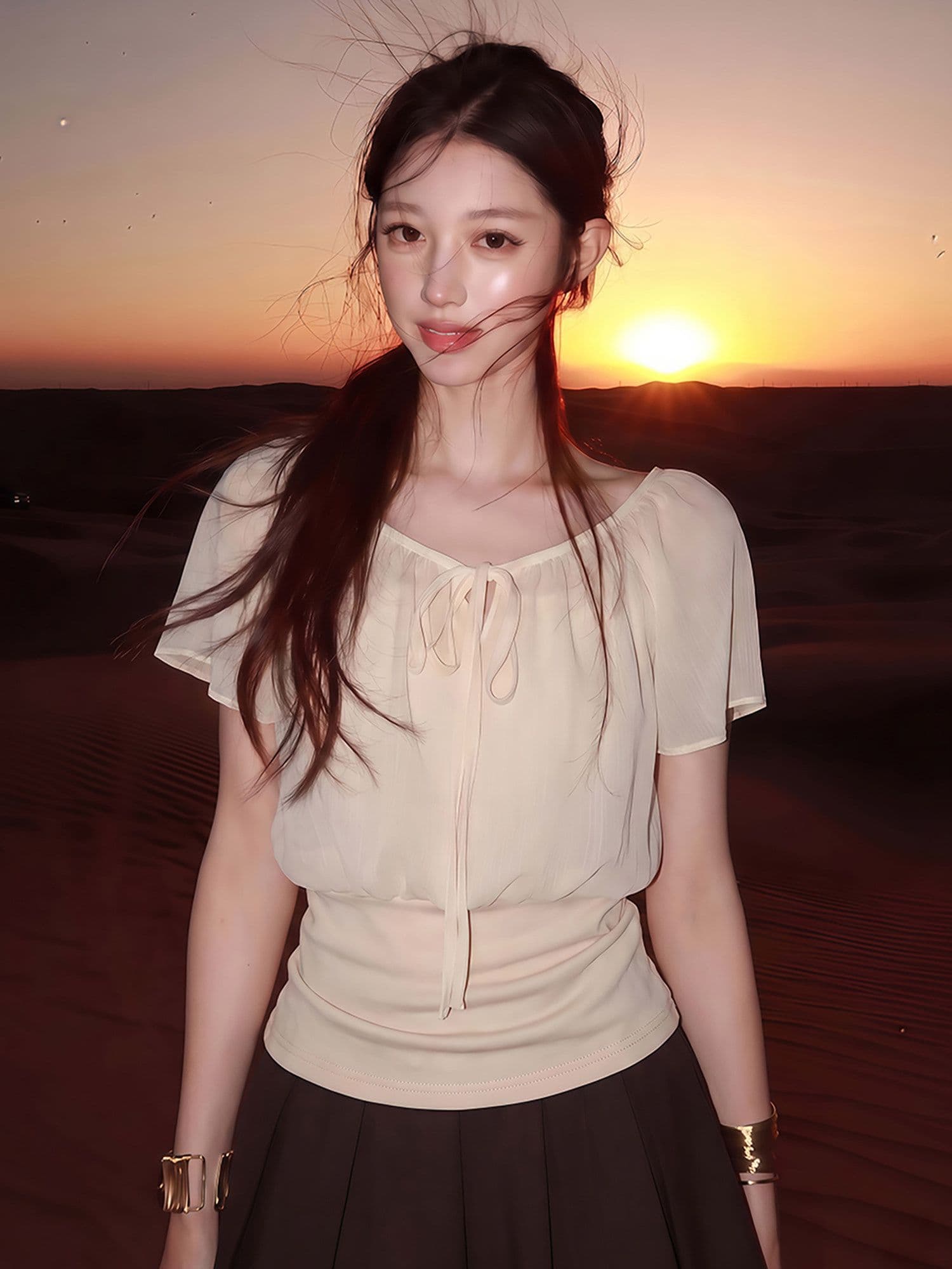 2026 얕은 살구 색상 페이크 레이어드 패치워크 레이스업 V넥 연꽃 잎 소매 여성 셔츠 품격 맨위 상세 이미지 2