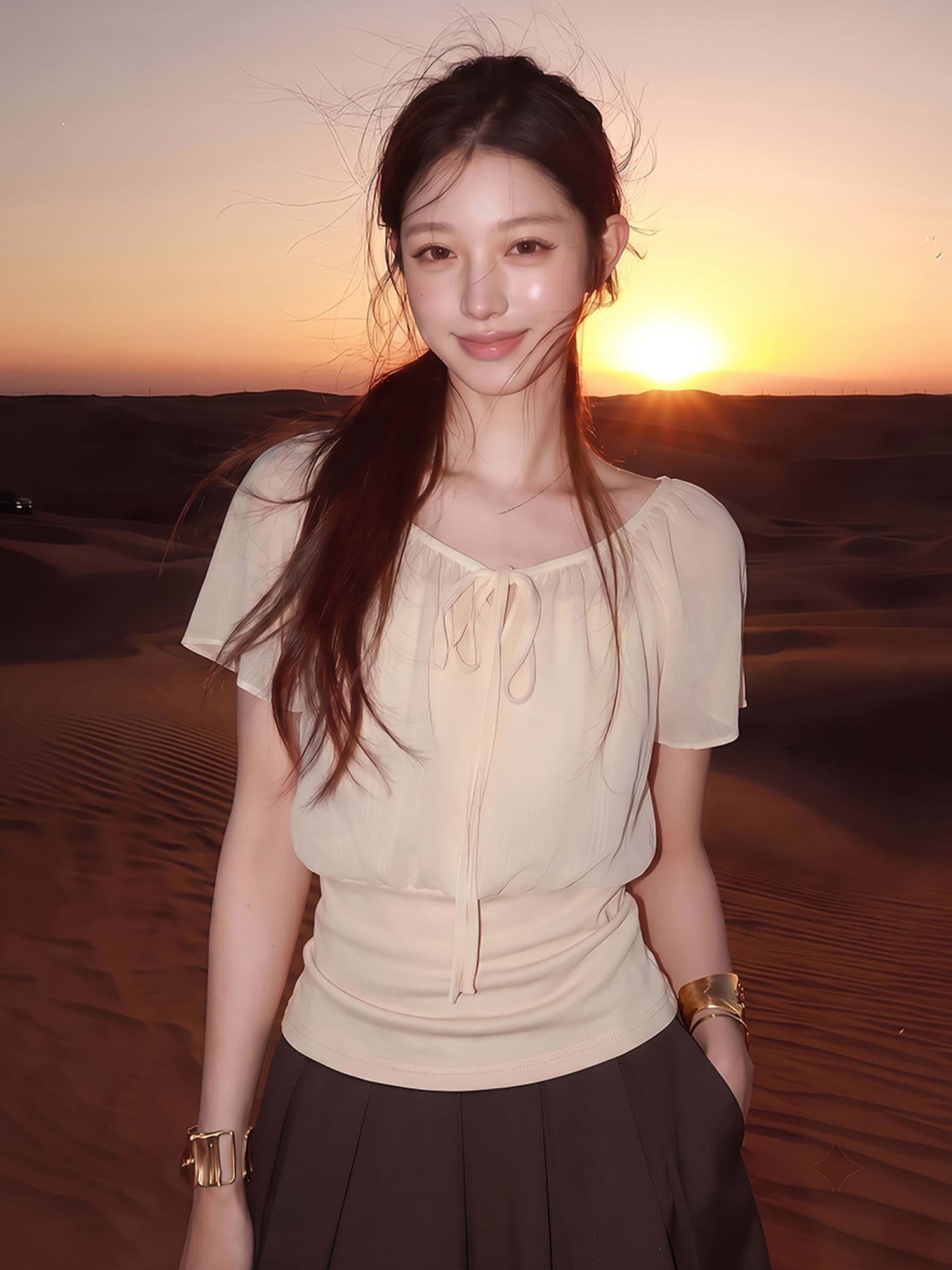 2026 얕은 살구 색상 페이크 레이어드 패치워크 레이스업 V넥 연꽃 잎 소매 여성 셔츠 품격 맨위 상세 이미지 4