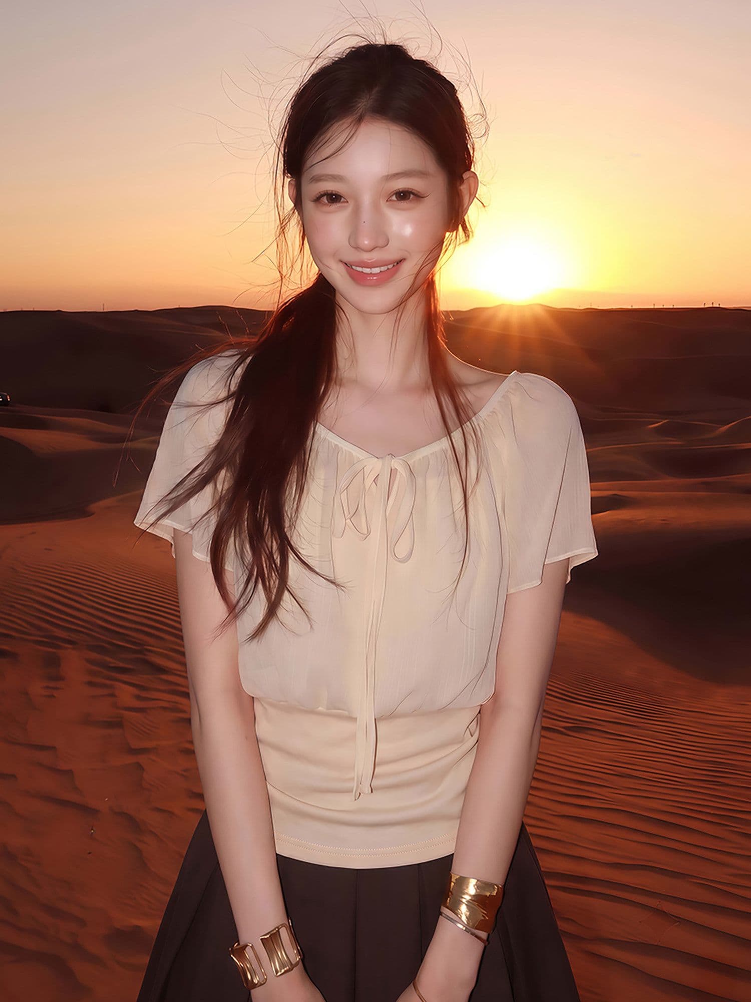 2026 얕은 살구 색상 페이크 레이어드 패치워크 레이스업 V넥 연꽃 잎 소매 여성 셔츠 품격 맨위 상세 이미지 5