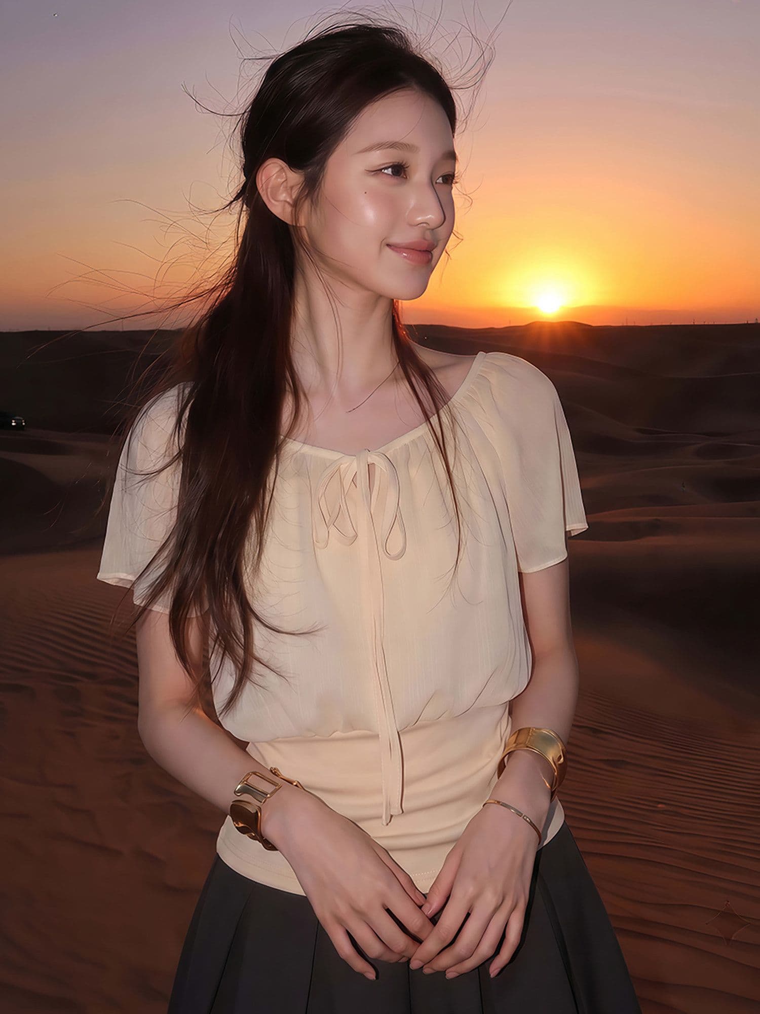 2026 얕은 살구 색상 페이크 레이어드 패치워크 레이스업 V넥 연꽃 잎 소매 여성 셔츠 품격 맨위 상세 이미지 6