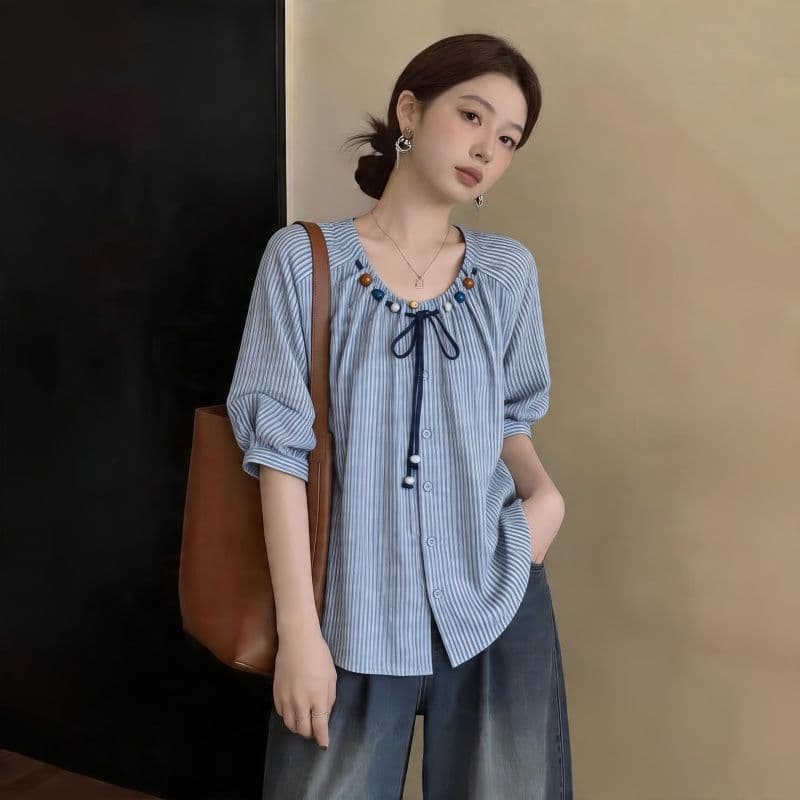 2026 원본 원단 항구 바람 레트로 반팔 스트라이프 여성 셔츠 여름 외국 가스 디자인 센스 작은 셔츠 맨위 이미지 3