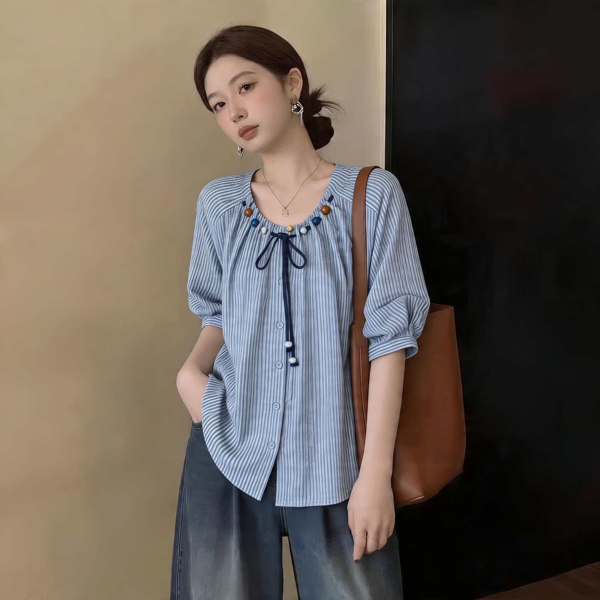 2026 원본 원단 항구 바람 레트로 반팔 스트라이프 여성 셔츠 여름 외국 가스 디자인 센스 작은 셔츠 맨위 상세 이미지 6